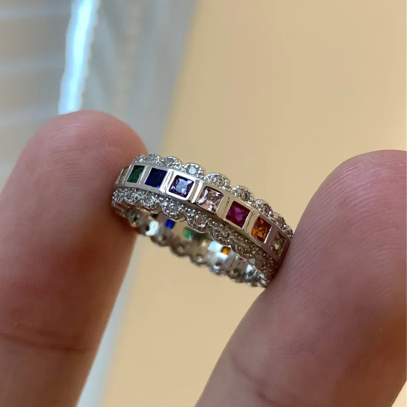 Vintage Thai Silver Lace Rainbow Zircon Open Ring for Women, Light Luxury Niche Design, Exquisite and Sophisticated, Minimalist