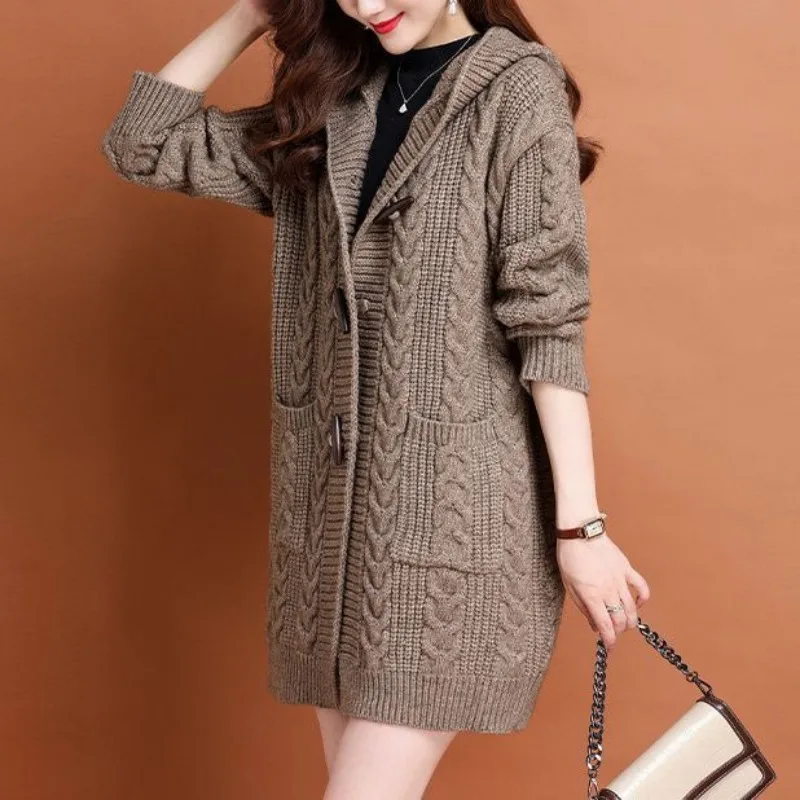 

Vintage Women's Knit Cardigan Sweater New Autumn Winter Hooded Trendy Versatile Outerwear Thicken Warm Mid-Length Coat All-match