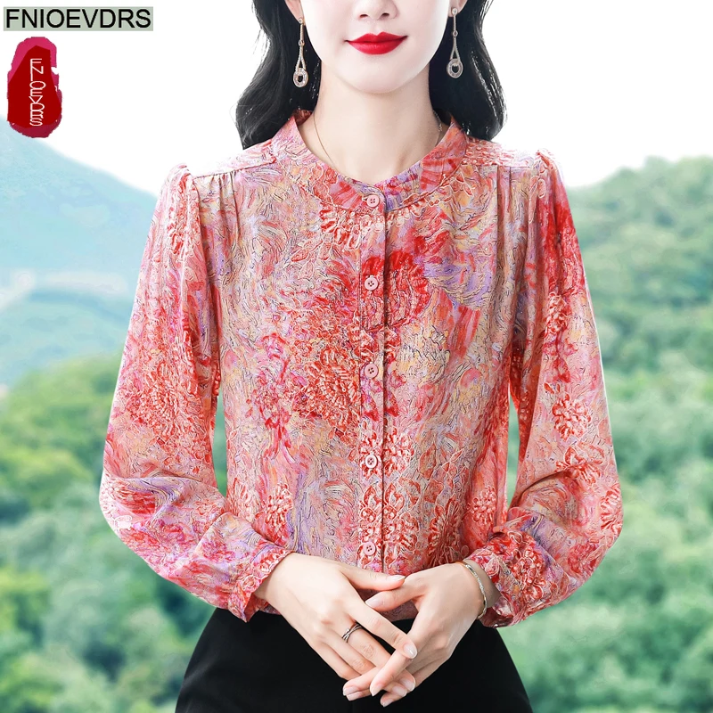 Bling Retro Vintage Stehkragen Tops Blusen Neujahr 2026 Frühling Frau Blumendruck Elegante Pendler Lady Button Basics Shirts