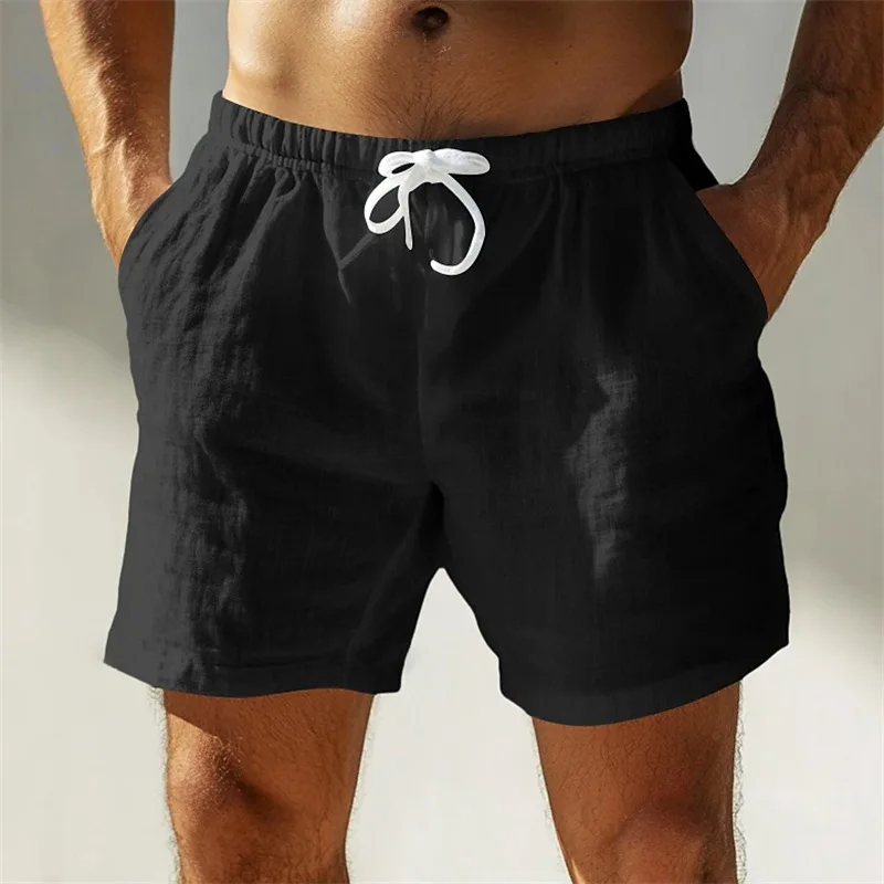 2025 Summer Loose-fit Cotton Linen Breathable Five-point Pants Men's Casual Sports Elastic Waist Drawstring Linen Shorts