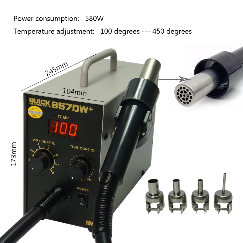 

QUICK 857DW+ Soldering Station 850W Adjustable Hot Air Gun Station with Heater Helical Wind Air Gun SMD Hot Rework Station