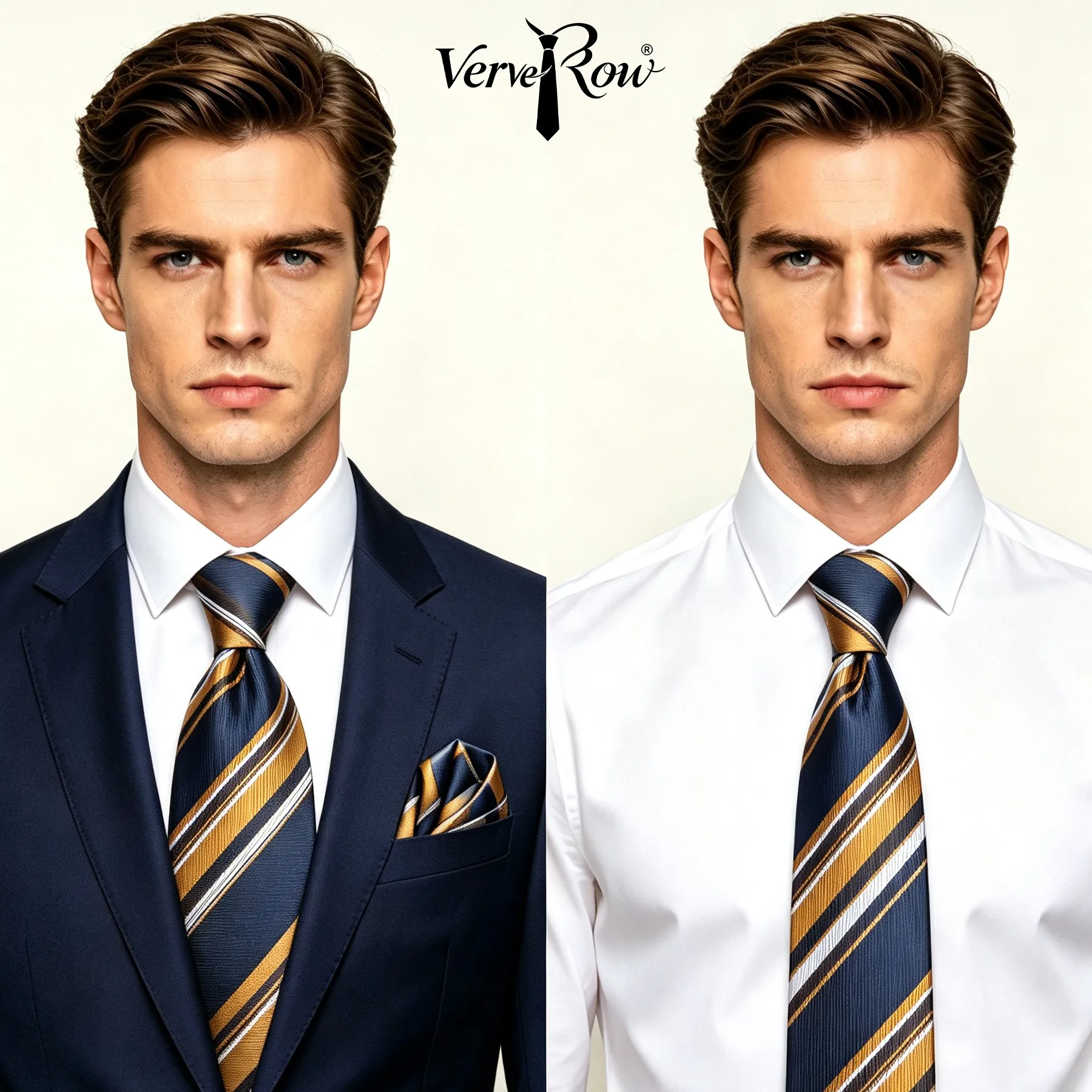 VERVEROW Navy Gold White Striped Necktie Pocket Square Set Mens Formal Neckwear Wedding Business Office Suit