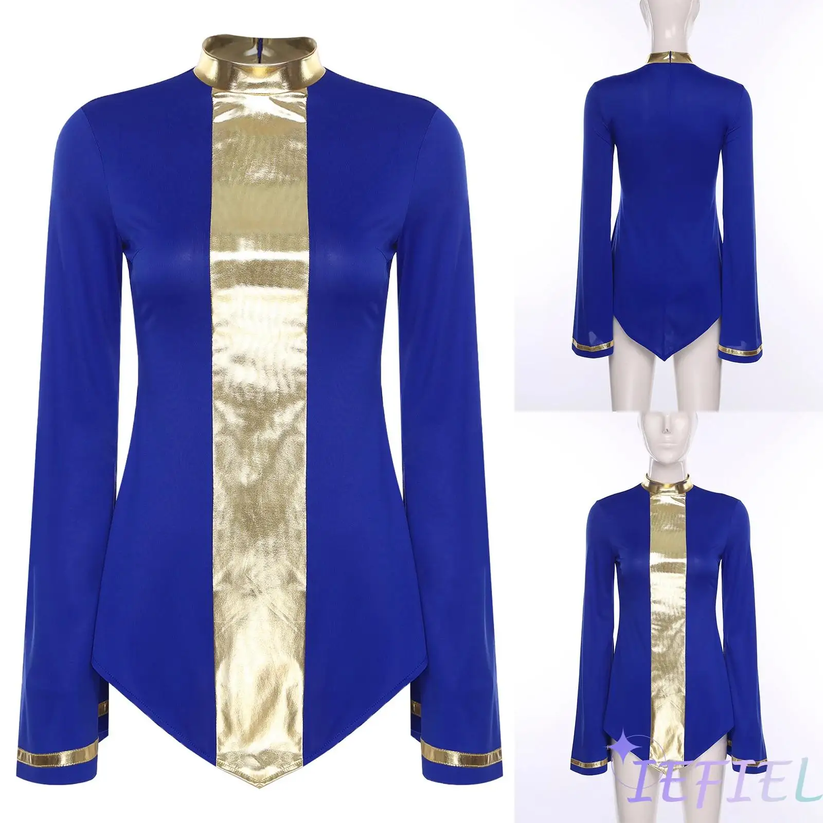 

Women Flowy Worship Praise Dance Blouse Shiny Metallic Long Sleeve Irregular Hem Top for Lyrical Praise Church Choir Performance