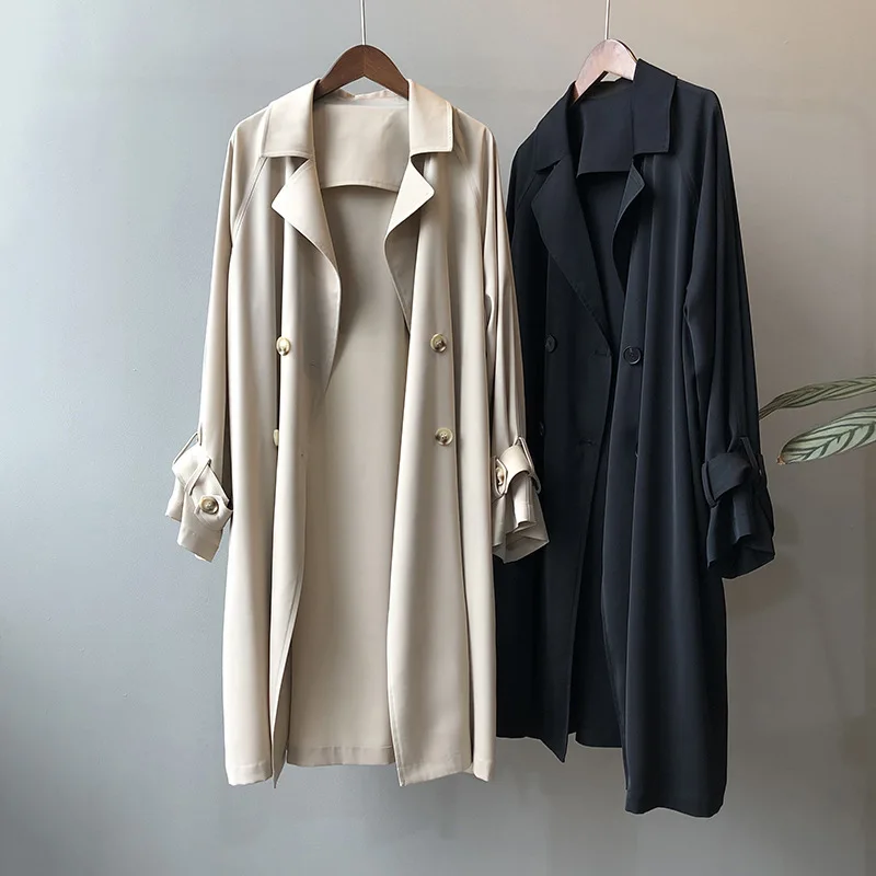 

Women's Thin Windbreaker Jacket Korean Commuter Long Trench Coat Solid Color Versatile Double-breasted Lapel Loose Outwear Tops