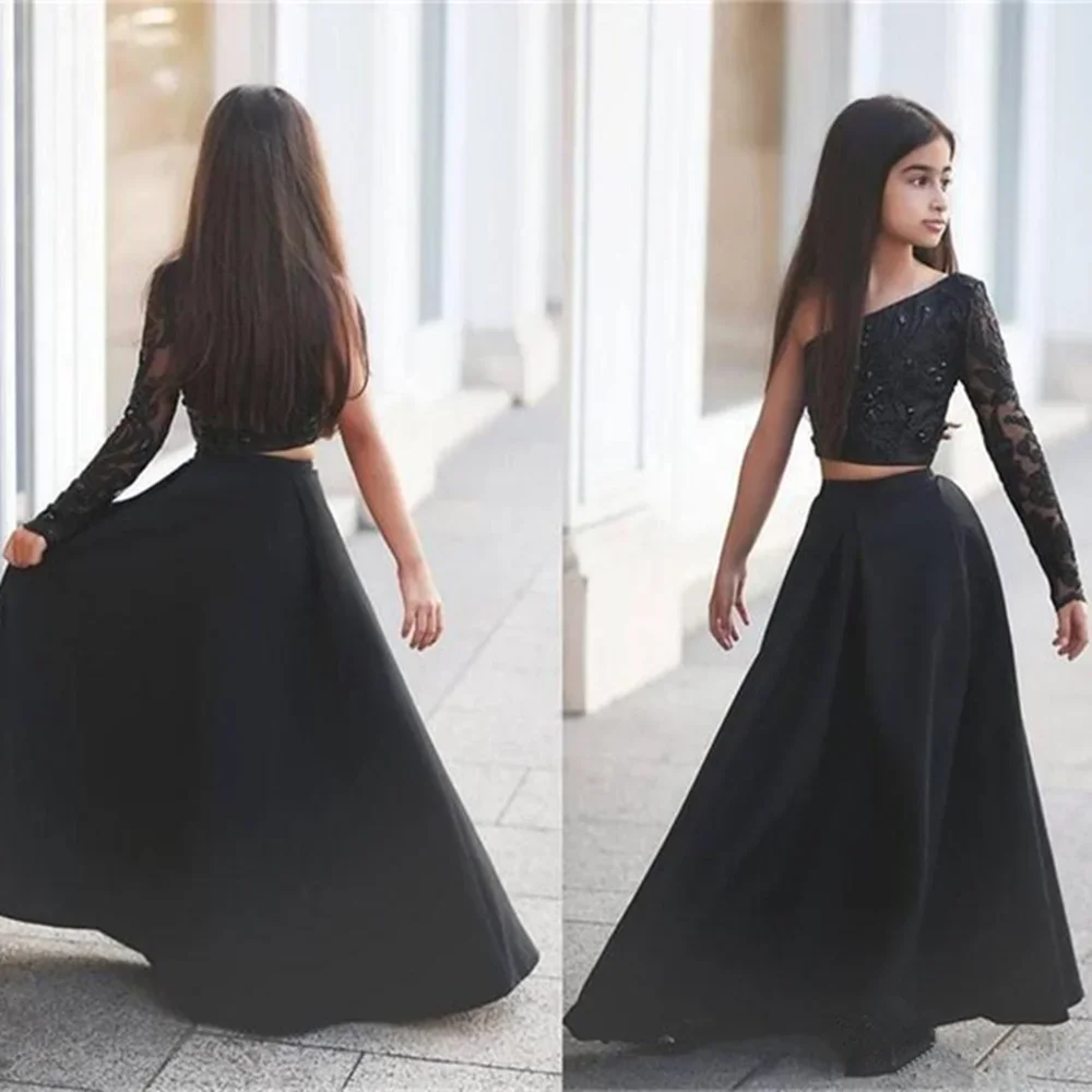 Black Flower Girl Dresses For Weddings 2 Piece One Shoulder Kids Evening Pageant Gowns Lace First Communion Dresses For Girls