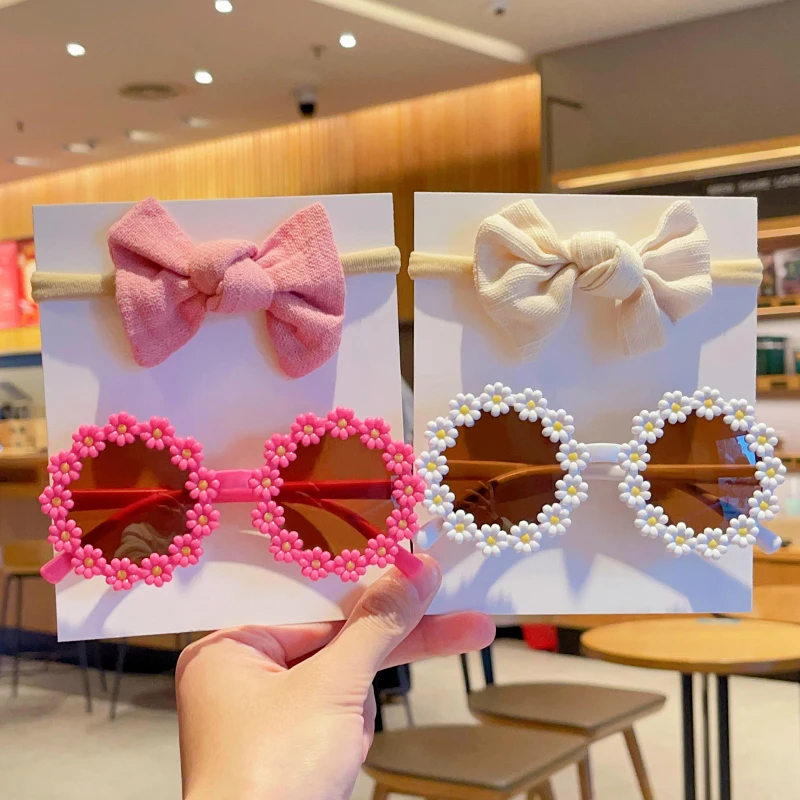 2Pcs/Set New Children Cute Fashion Acrylic Daisy Sunglasses UV400 Colors Lovely Soft Bowknot Headbands Set Kids Hair Accessories