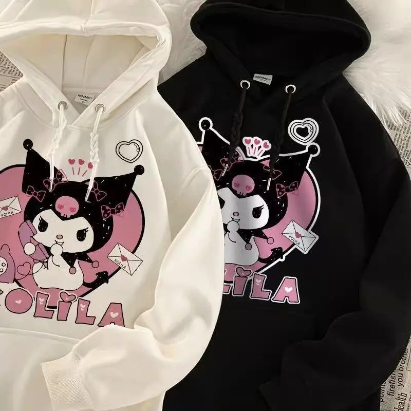 

Толстовка Sanrio Kuromi с серебряной лисой, плюшевая, в японском стиле, модная, с мультяшным принтом, женская осенне-зимняя модная повседневная свободная толстовка