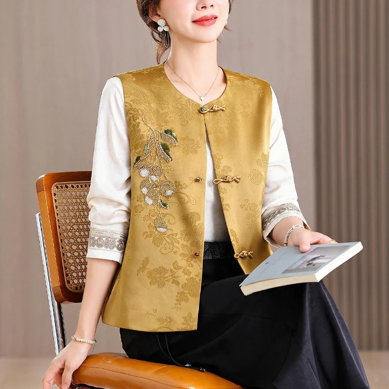 New Chinese Style Heavy Embroidery Button Cardigan Vest round Neck Padded Vest Autumn Fashion Women's Outerwear Polyester