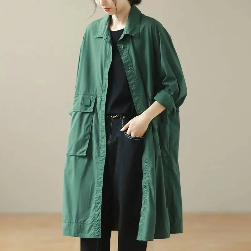 Thin Trench Coat Female 2025 Spring Autumn New Plus Size Elegant Temperament Mid-Long Windbreaker Women's Cotton Jacket Outwear