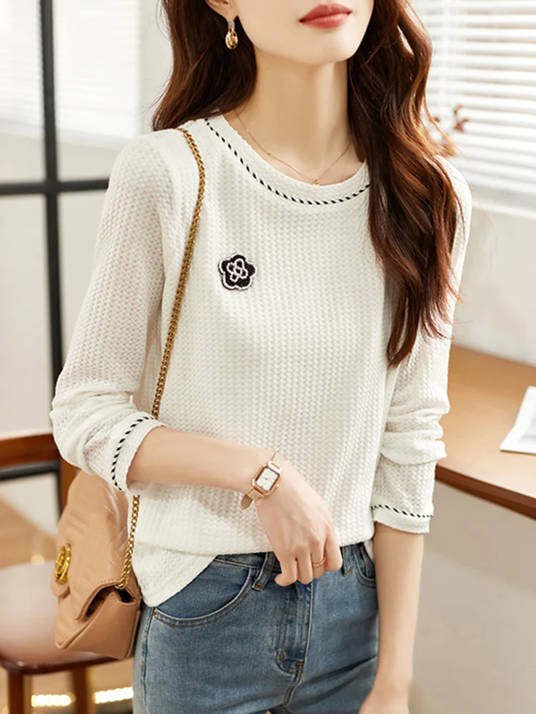 

Брендовая корейская женская футболка с длинным рукавом и круглым вырезом, весенне-осенняя, повседневная, свободного кроя, для работы и отдыха