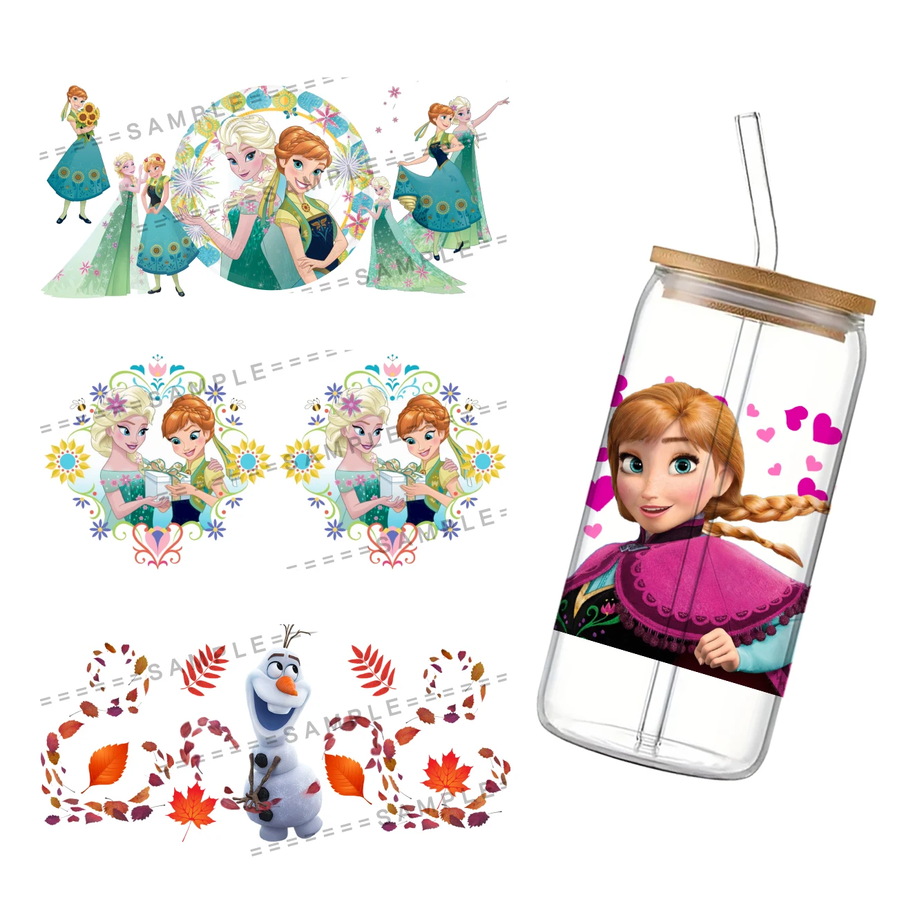 Nice Cute Disney Princess Frozen Design 3D UV DTF Cup Wrap Transfers Stickers Waterproof 16oz Glass UV DTF Wrap