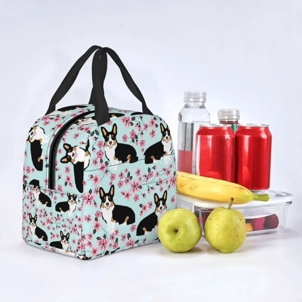 Lunch Bags for Women Kids Corgi Cherry Blossom Floral Dog Insulated Cooler Portable Picnic Animal Lunch Box Food Storage Bags