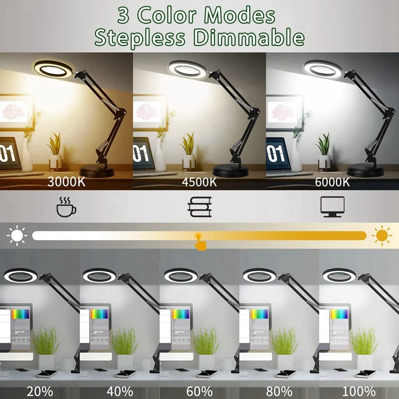 Magnifying Glass with Light and Stand, 10X Magnifying Lamp, 2-In-1 Desk Lamp with Clamp, 3 Color Modes-A50M