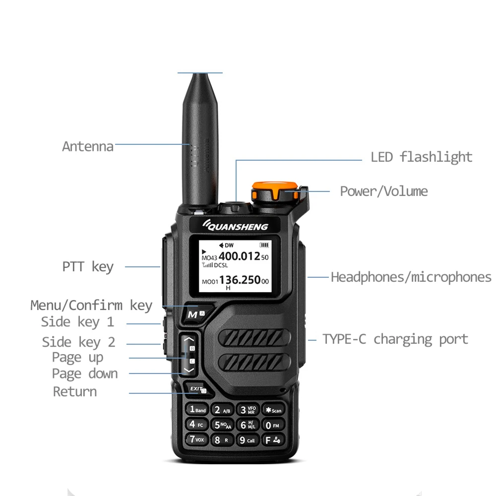 전성UVK5 무전기 50-600MHz 전체 주파수 대역 C형 충전기 AM DTMF 교란기 NOAA UVK6 K58 UV-5R Plus FM 햄 양방향 라디오