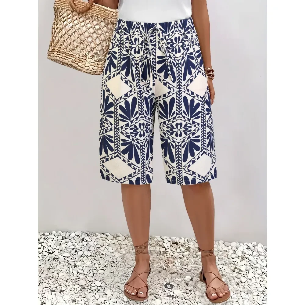Women Summer Floral Print Tie Waist Bermuda Shorts Casual Loose Fit Elastic Waist Flowy Breathable Soft Flattering Beach