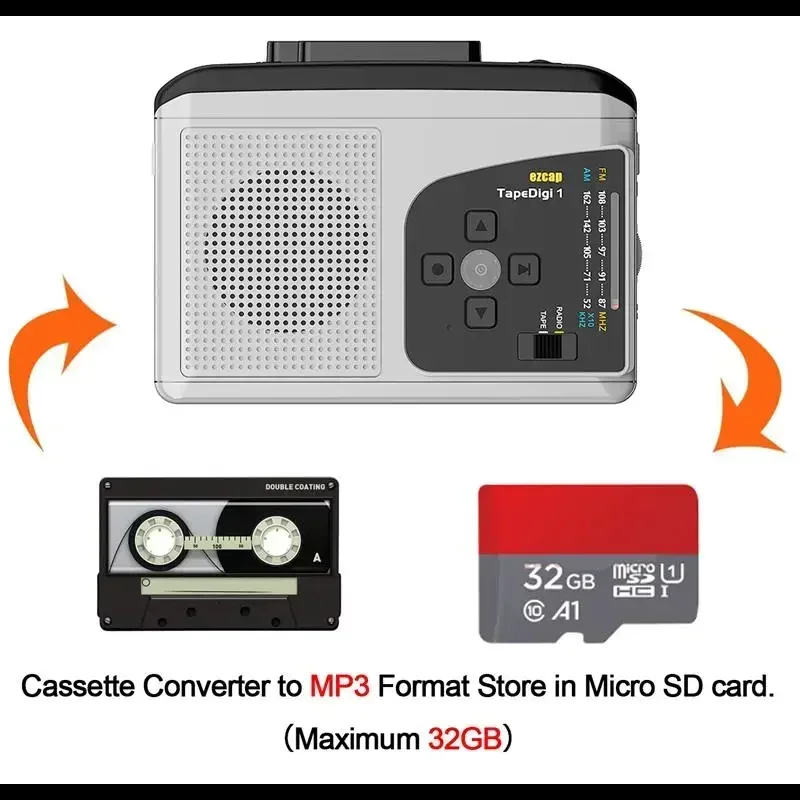 

US.EU Original Tape Walkman Cassette Player AM/FM Radio Record,Cassette To MP3 Converter To Micro SD Card Audio Capture Card Box