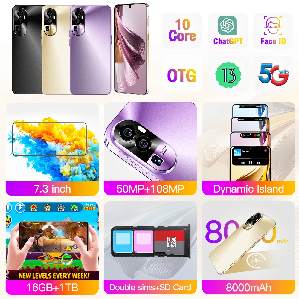 Hot Selling Phone Reno 10 pro 5G SmartPhone Snapdragon Android Mobilephone 108MP 8000mAh Google Play Global Version Celulares