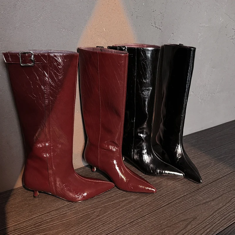 

Осенние женские ботинки 2024, женская обувь из спилка, сапоги до колена без шнуровки на массивном каблуке с острым носком, современные женские сапоги в стиле вестерн