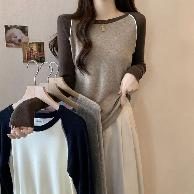 

Casual Spliced O-Neck Pullovers Female Clothing Contrasting Colors 2024 Spring Autumn Basic Long Sleeve Korean Knitted T-shirt