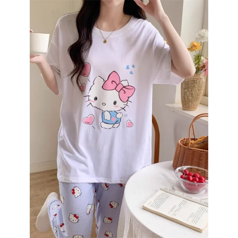 Sanrio New Hello Kitty Silk Pajamas Women's Cute Cartoon Casual and Comfortable Cool Breathable Lightweight Home Women's Pajamas