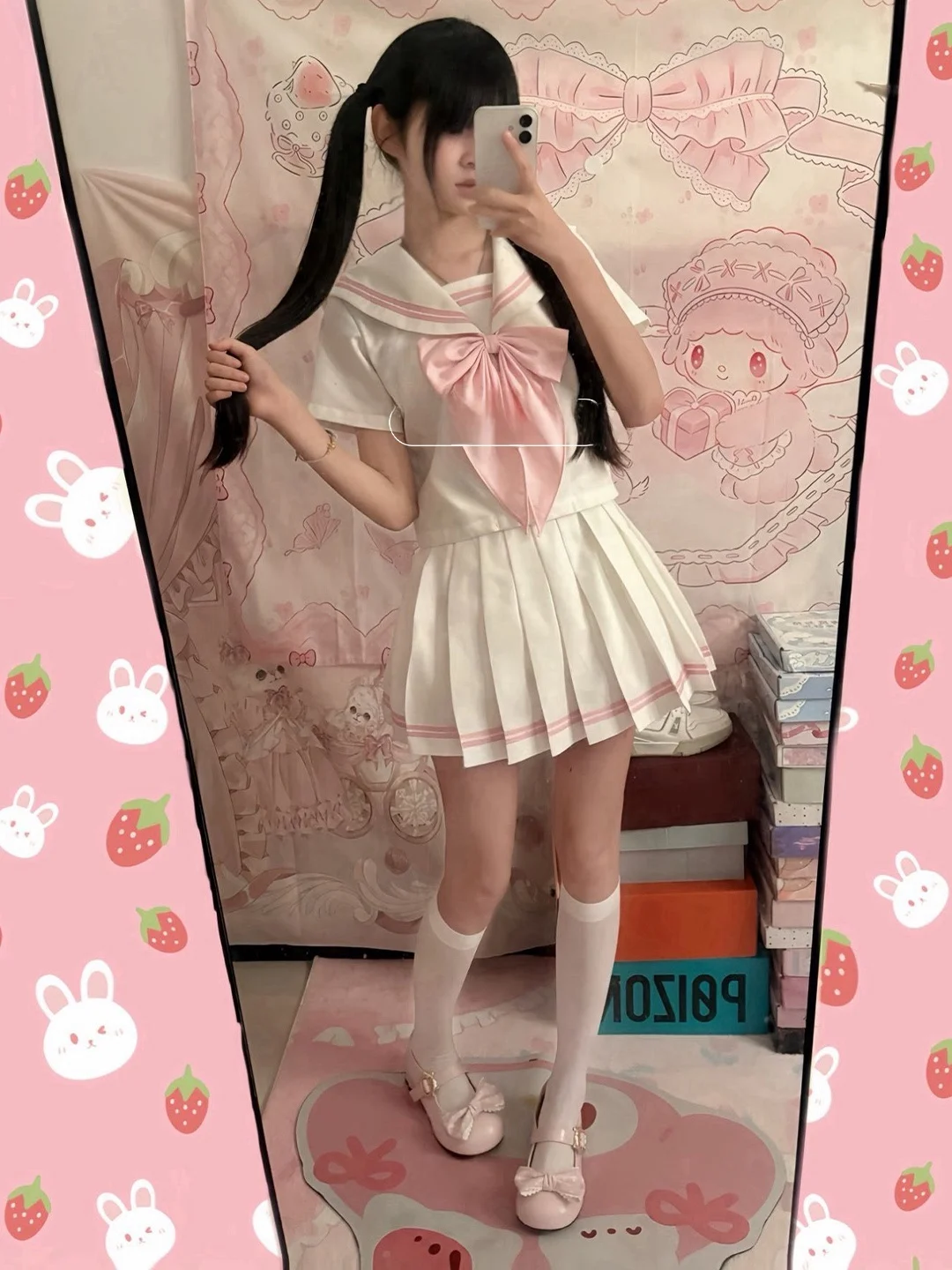 Strawberry Print Japanese Style Original JK Uniform Summer Basic College Fashion Polka Dot Sailor Suit Soft Girl Set Women