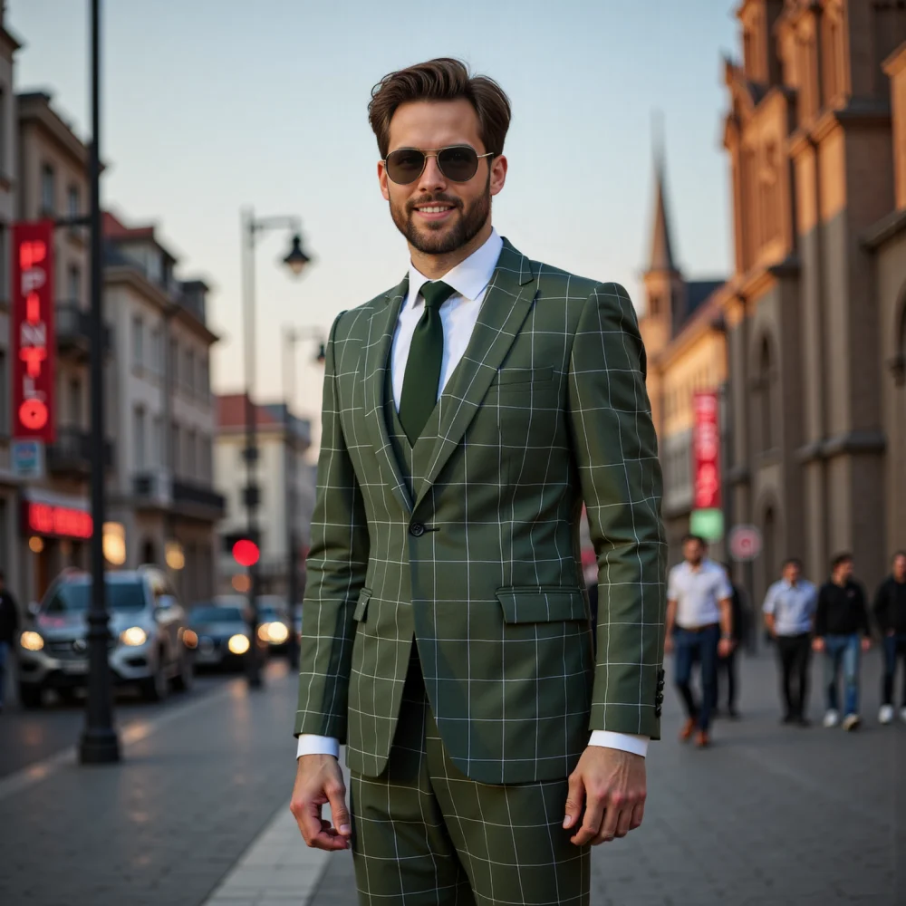 

3 Pieces Mens Suit Plaid Tuxedos Business Suits Slim Fit Double Breasted Waistcoat For Wedding（Blazer+Vest+Pants）