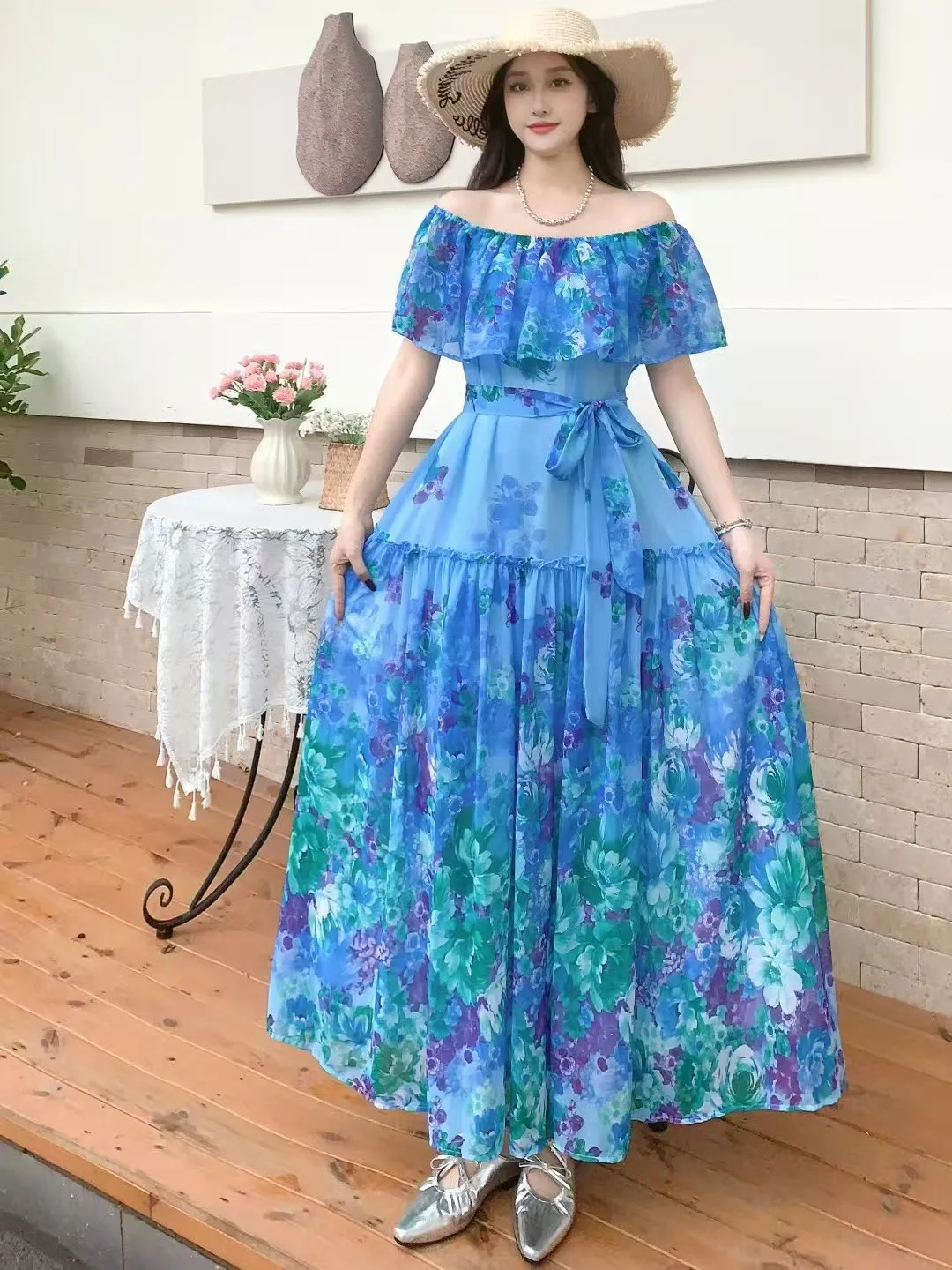 

New Summer Women Sexy Slash Neck Off Shoulder Sashes Slim Long Dress High Quality Sweet Big Hem Chiffon Floral Dress 7 Colors