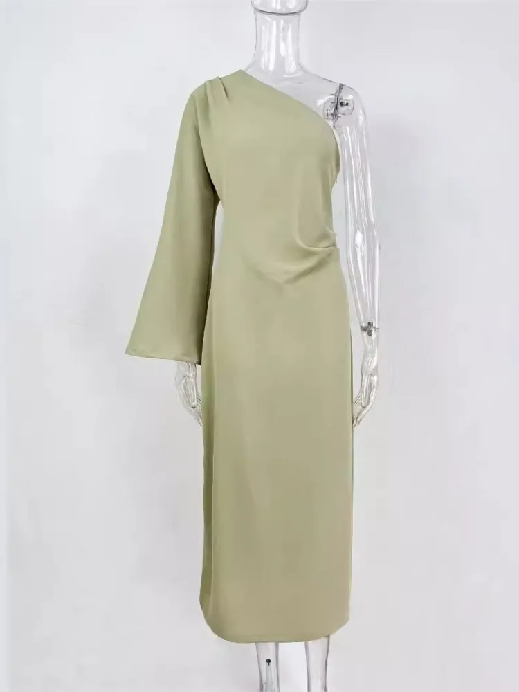 Vestidos sexis de manga larga con un hombro para mujer, vestido elegante con espalda descubierta y abertura lateral, vestido ajustado, moda de ocio, bata plisada para mujer
