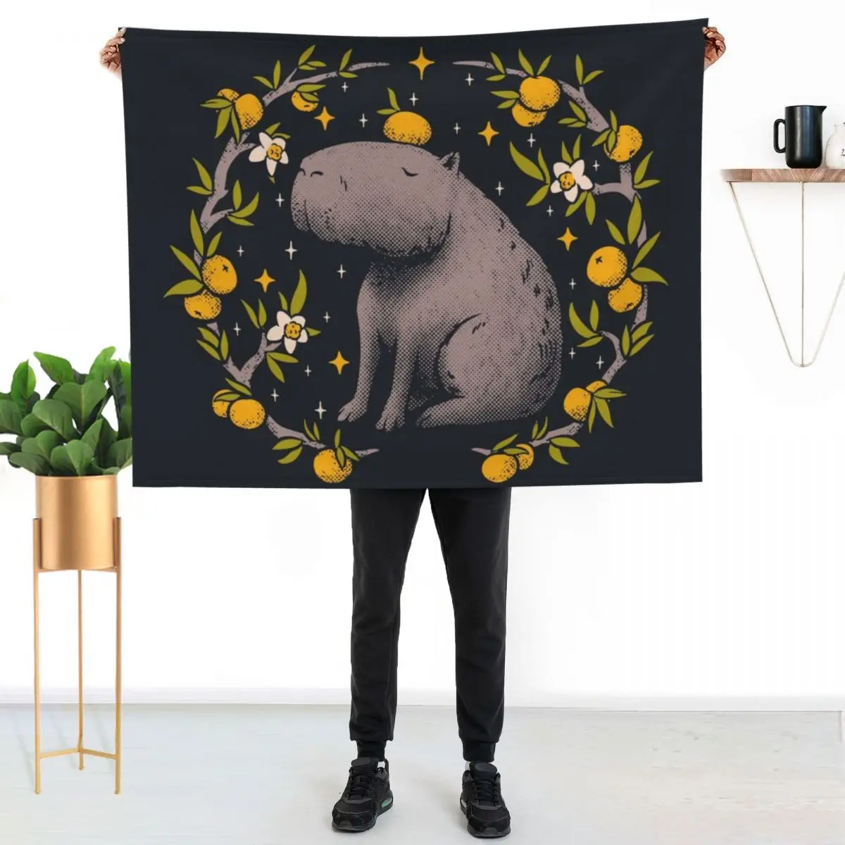 Capybara Cottagecore Aesthetic Chilling With Orange on Head | Goblincore Capy Yuzu Citrus Fruit Blossom Flowers Me Throw Blanket