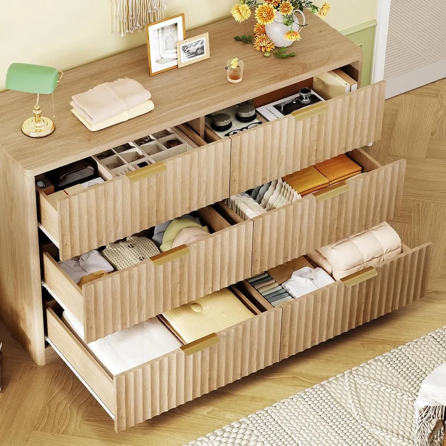 Fluted 6 Drawer Dresser for Bedroom Wide Modern Chest of Drawers with Metal Handle Curved Profile Design Wood Closet Clothes St