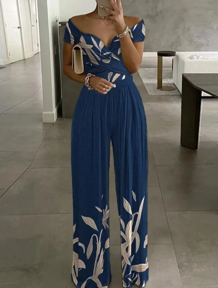 Summer New Printed One Shoulder Jumpsuits Women High Waist Short Sleeves Wide Leg Long Pants Slim Jumpsuit Ladies Commuting