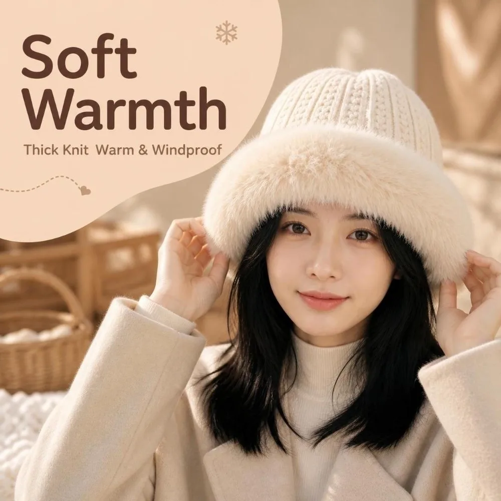 Stylish Fuzzy Trim Knit Beanie Hat Windproof Warm Slouchy Winter Hat Cold-Resistant Warm Knitted Cap Winter Season