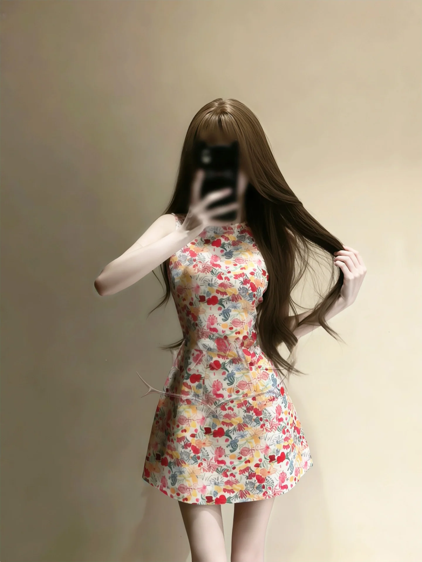 

Летнее платье-сарафан с высокой талией и красным цветочным принтом, без рукавов, с круглым вырезом, приталенное, с эффектом утяжки на талии, в нежном стиле