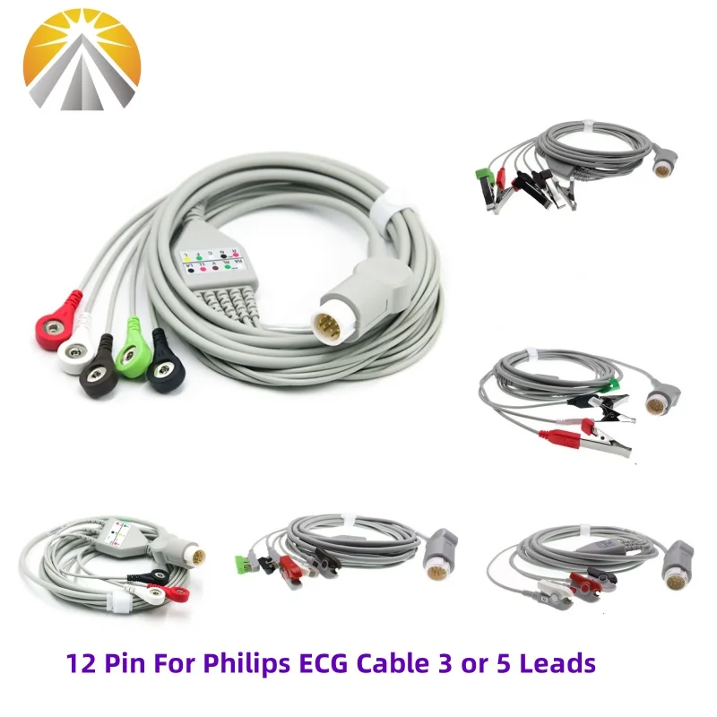 12 Pin One Piece ECG Cable with 3 or 5 Leads Snap Clip or Grabber AHA Standard Veterinary Clip For Philips M2 M1001A M1175A