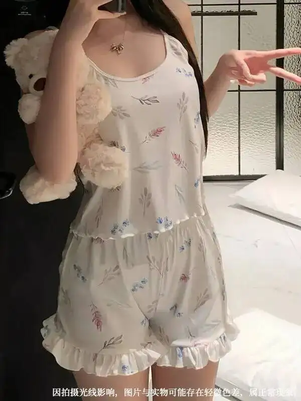 섹시하고 달콤한 반바지 세트 2025 신상 탱크탑 여름 신상 캐미솔 반바지 세트 섹시한 하트 꽃무늬 여성 홈웨어 잠옷 아우터웨어 F1XM