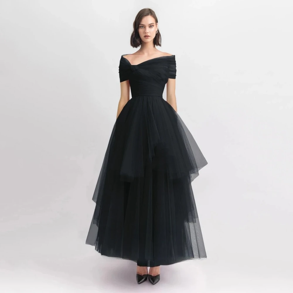 

Black Elegant Evening Dress Customized Off Shoulder A Line Pleats Tulle Formal Prom Gown Short Sleeves Ankle Length Party Dress