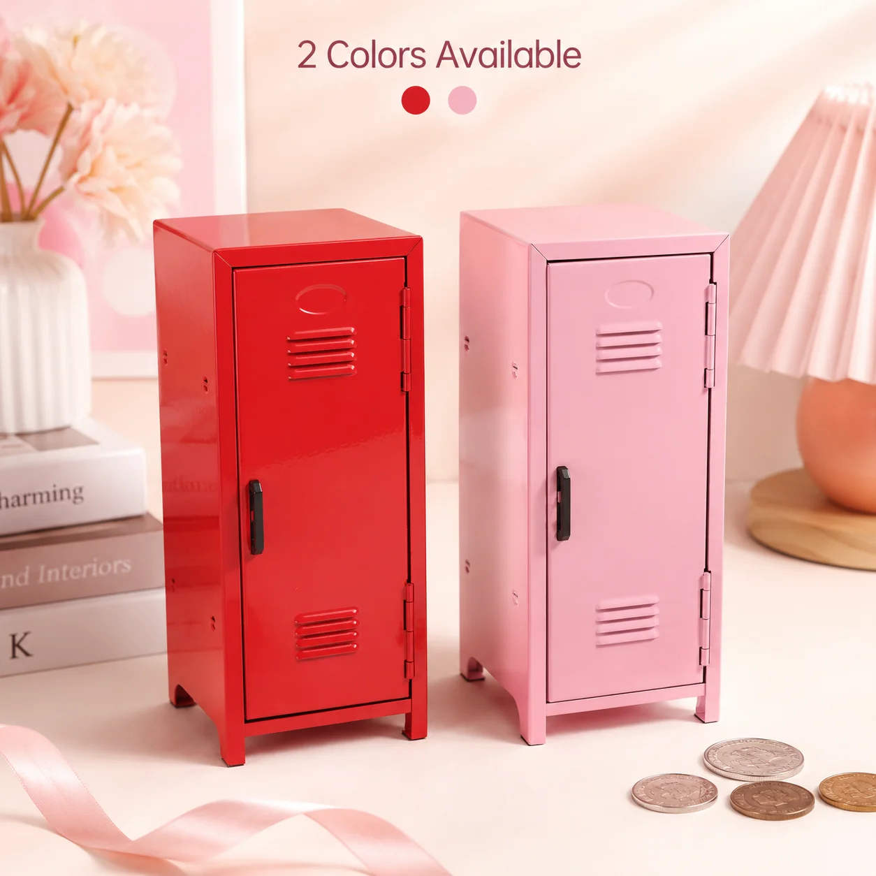Vertical Metal Locker Piggy Bank（lockable） With 2 Keys Inner Shelves Compact Desktop Coin Money Box For Teens Bedroom Decor