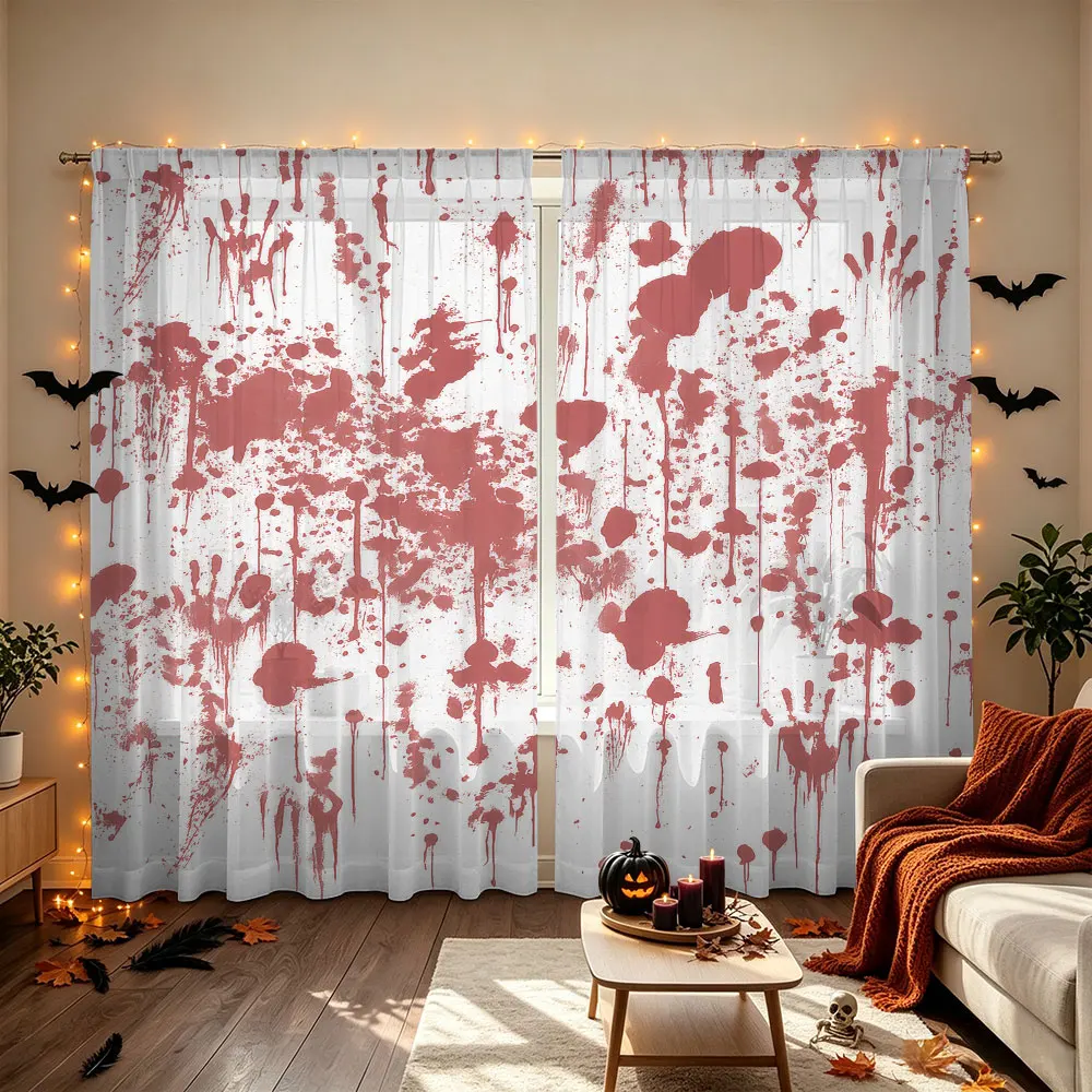 2Pcs Blood Splatter Graffiti Horror Rod Pocket Curtains Double Panel Window Drapes Bedroom Living Room Gothic Halloween Party