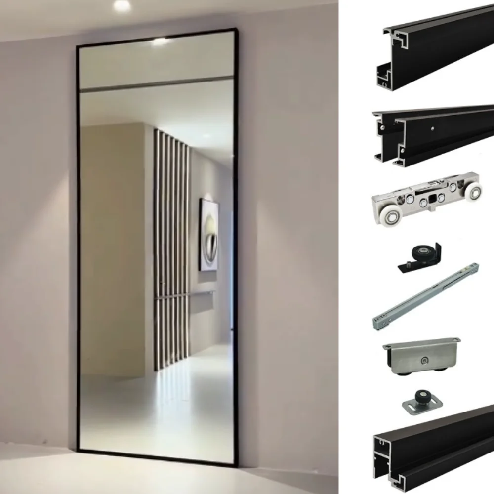 

9CE Glass Pocket Door System in White Invisible Track Hardware Magic Mirror Door With Frame Soft Sliding System Door