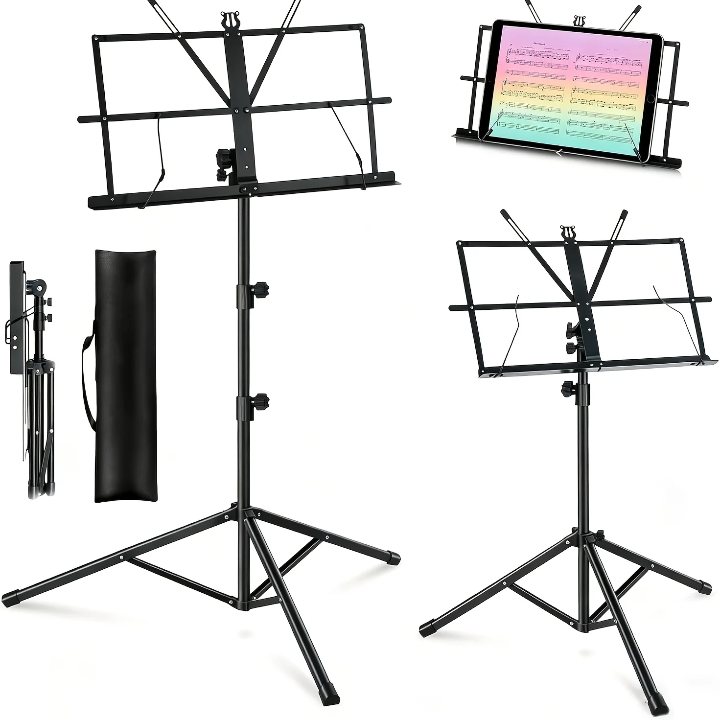 2-in-1 Foldable & Portable Sheet Music Stand with Carrying Bag, Dual-Use Desktop Book & Music Stand with Clip Holder, Lightweigh
