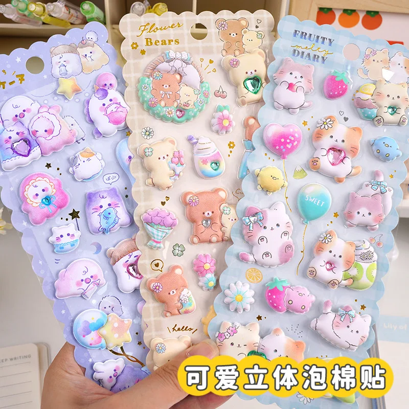 

Объемные 3D-наклейки Fat Dudu: милые мультяшные кролики, кошки, панды с бриллиантами, детские пузырьковые наклейки