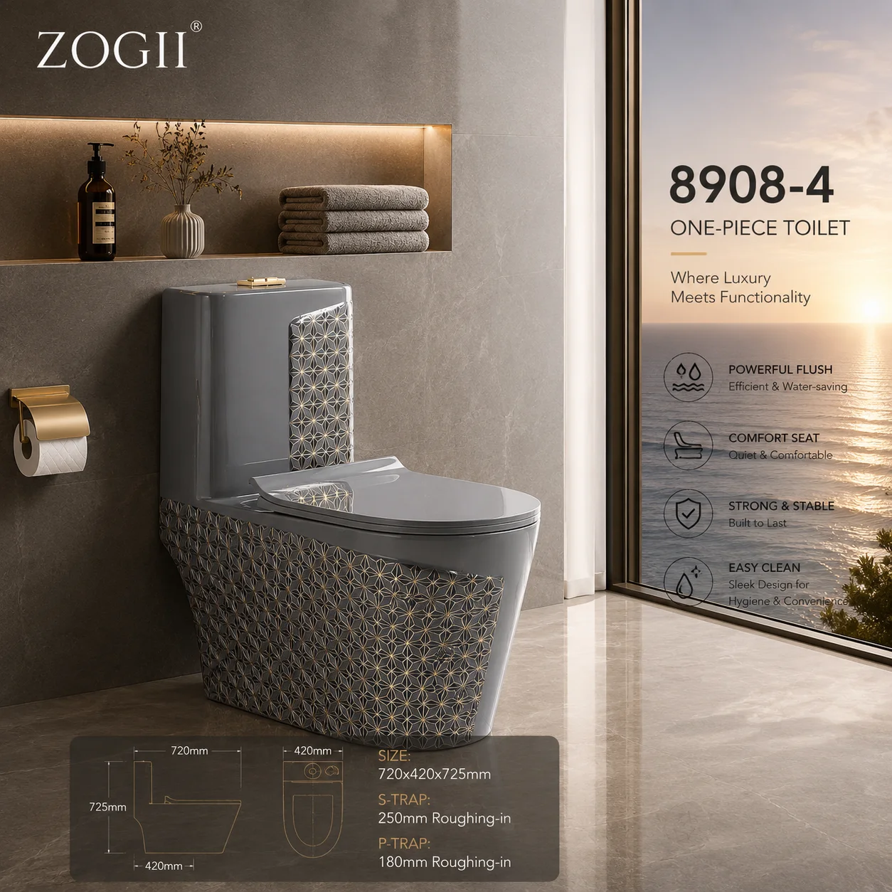ZOGII CE Grey One Piece Ceramic Toilet With Slow Closing And Siphon Jet Flushing Modern European & American High-End Style