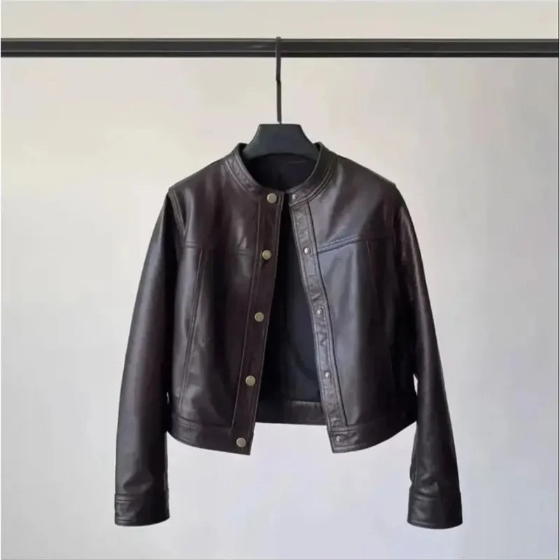Spring Autumn Short White Soft Pu Leather Jacket Women Stand Collar Long Sleeve Elegant Chic Luxury Designer Clothing