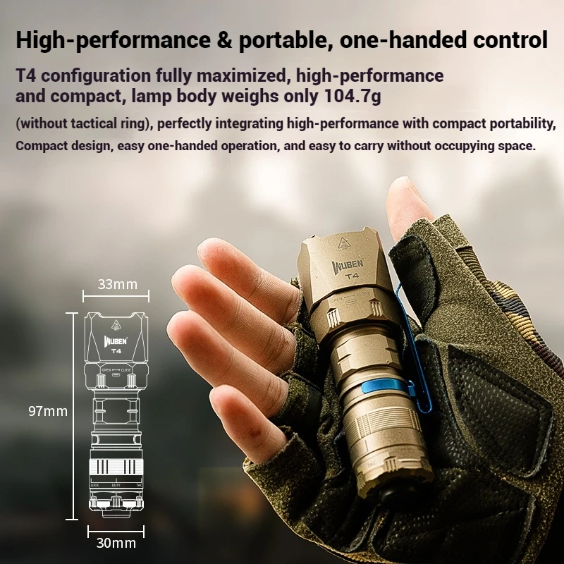 Wuben T4 مصباح يدوي تكتيكي محمول عالي السطوع خارجي EDC للدفاع عن النفس صغير قابل لإعادة الشحن طويل المدى ضوء دورية