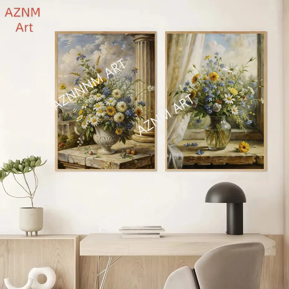 Vintage Spring Easter Bunnies Book Stack Wildflower Village Landscape Poster Print Canvas Painting for Living Room Home Decor