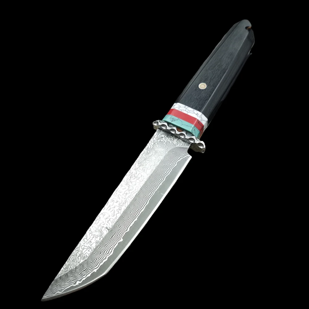 Damasco balde ébano alças faca de caça tática com bainha de madeira, ferramentas edc de acampamento ao ar livre com caixa de presente