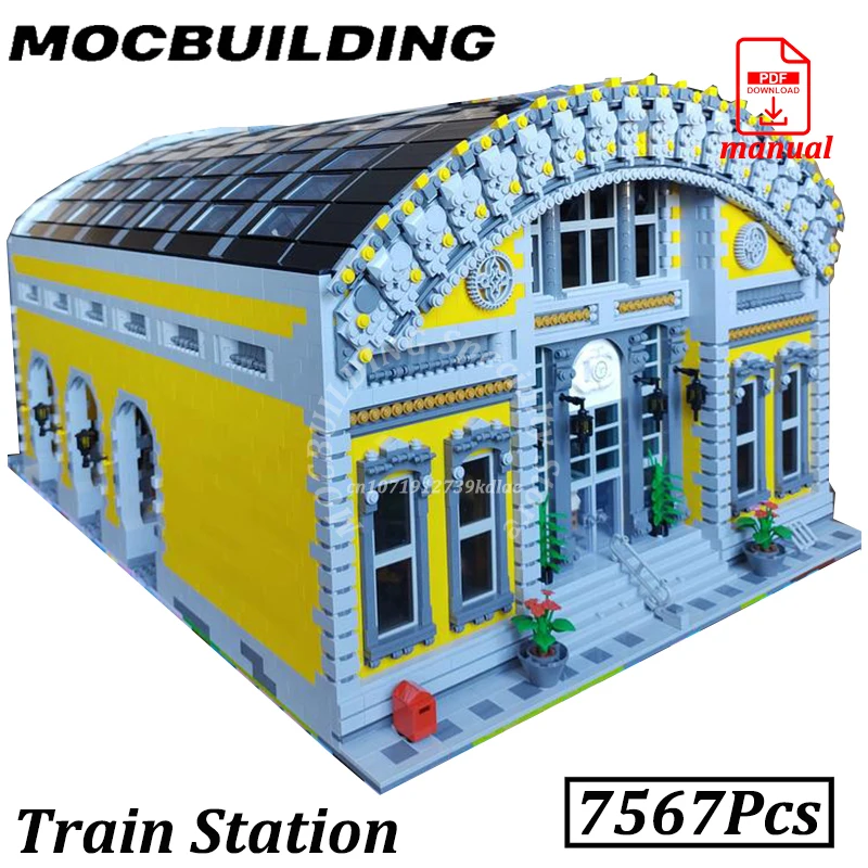 

Модель железнодорожного вокзала, аксессуары для железной дороги, MOC, строительные блоки, кирпичные игрушки, город, вид на улицу, здания, строительный подарок