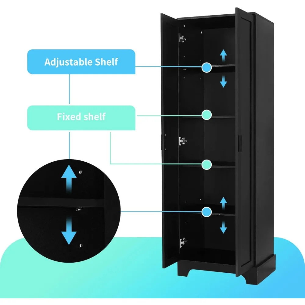 خزانة تخزين طويلة مع بابين، منظم مساحة واسعة لمخزن المطبخ، خزانة كتب، مثالية للاستخدام في الحمام أو المكتب، أسود #6