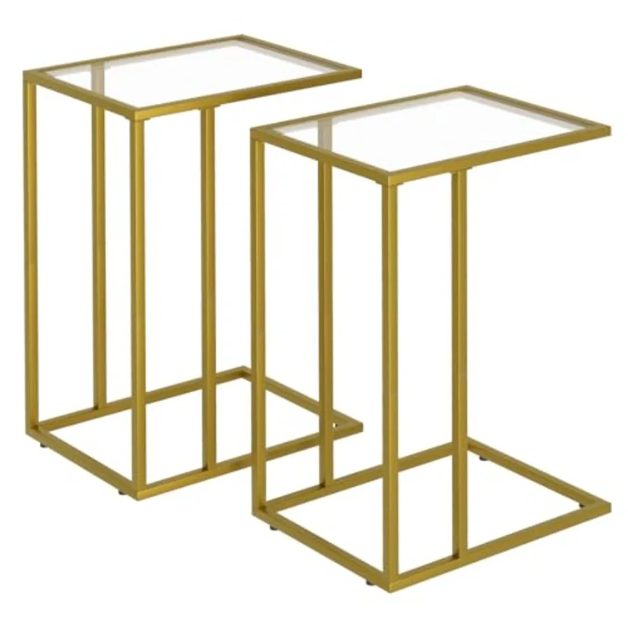 

C Shaped End Side Table Set of 2Couch Sofa Table for Small Space Tempered Glass Snack Side Table with Metal Frame for Living Ro