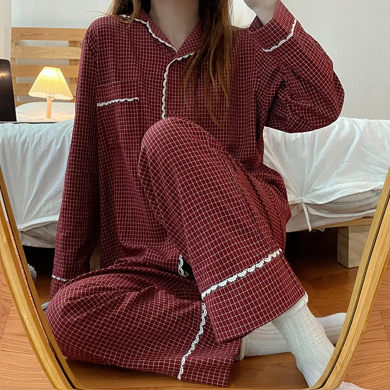 Yasuk 2023Spring Autumn Fashion Women's Casual Lovely Plaid Sleepwear Nightgow Retro Pajamas Set With Pants Trouser NewYear Soft